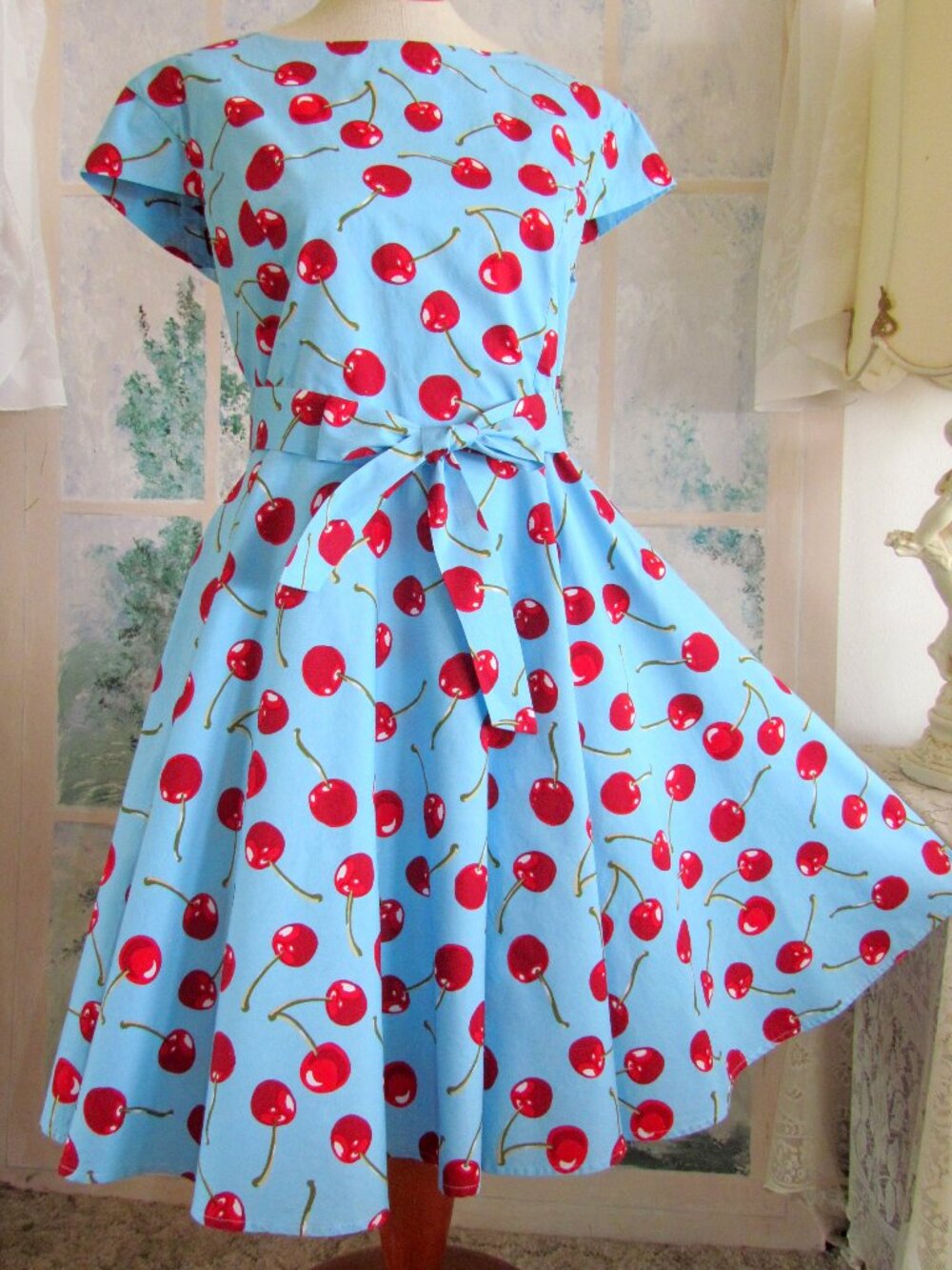 FIT 'N FLARE CHERRY DRESS, RETRO 50s, L-XL, SWING SKIRT, TURQUOISE, RED CHERRIES